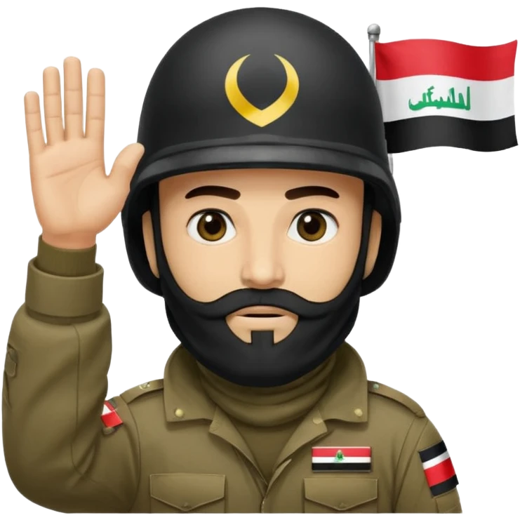 surrenders, depicts an Iraqi soldier from 1980, with a beard, in a helmet, a helmet with sign flag Iraq, with a balaclava, with sad eyes and both hands raised up emoji