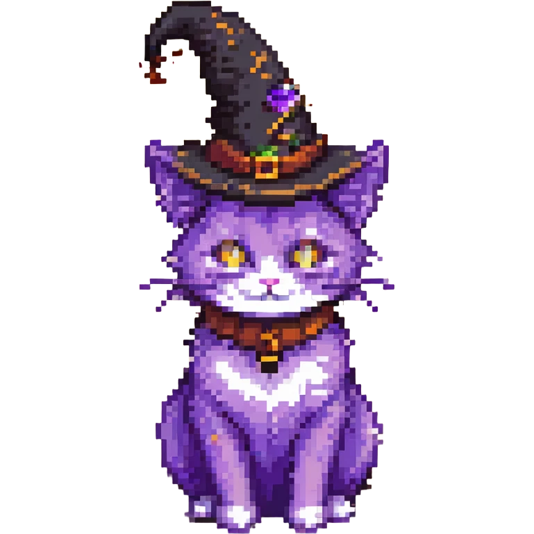 cute pixel art cat with purple fur and a witch hat emoji
