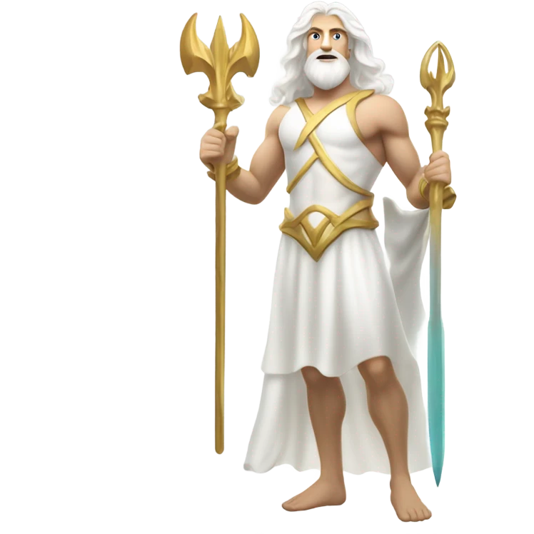 white man Poseidon with gold Trident. long white hair white dress.  with tools emoji