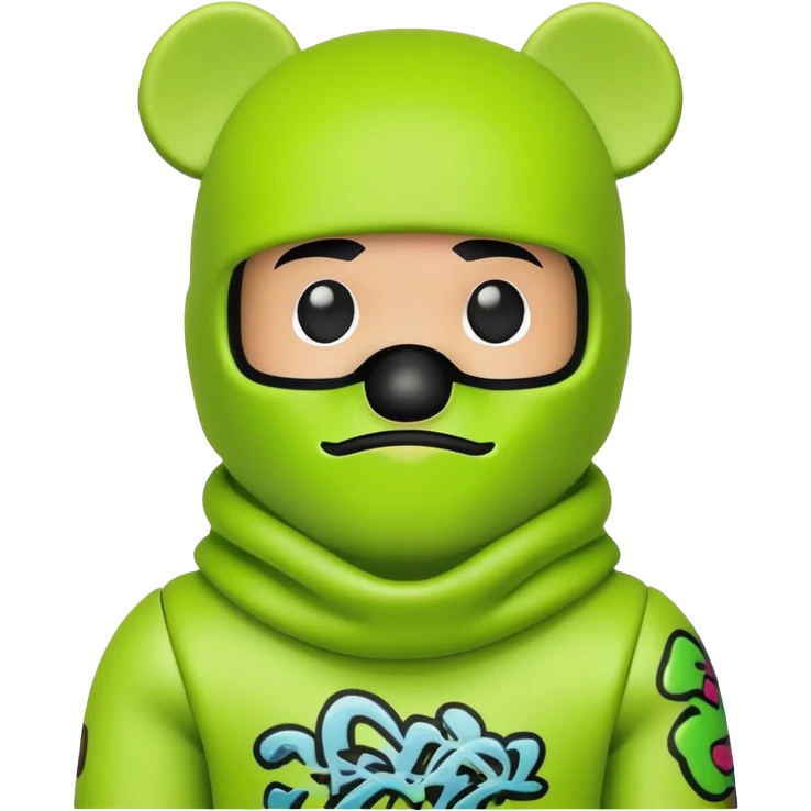 bearbrick toy wearing a lime green balaclava with graffiti design and chill relaxed thick eyebrows showing above emoji