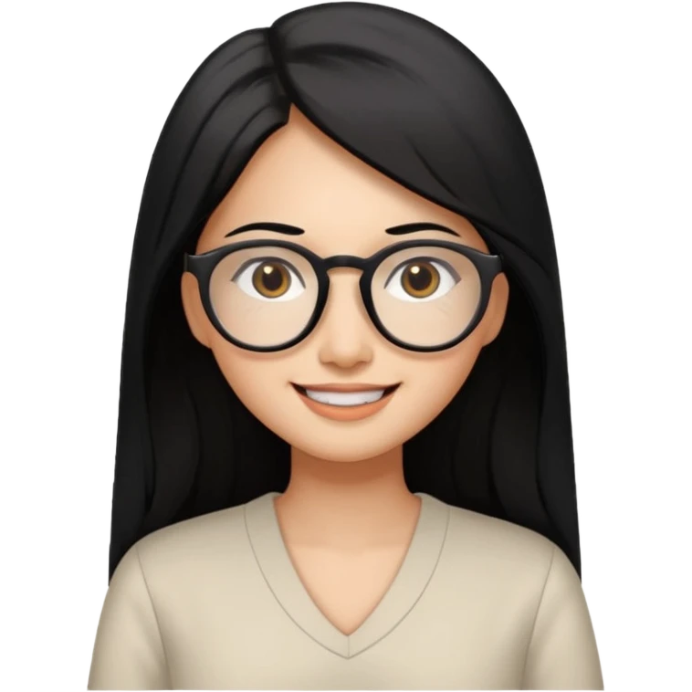 medium tan asian woman with long black hair past middle of back, round brown eyes, white v neck blouse. she has black thick frame rectangle shape glasses on and smiling with no teeth emoji