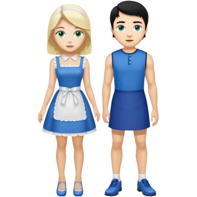 King, black hair, body, legst, blue eyes, blue garmont,  shoes, blonde maid, green eyes, sexy short sleveless White dress, shoes emoji