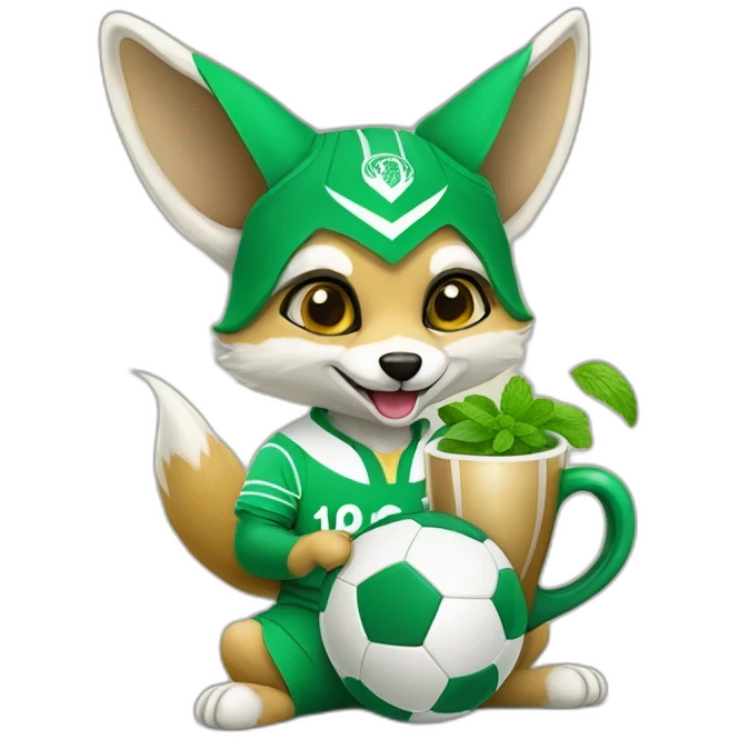 Algerian fennec wearing algerian football kit holding cup of mint tea emoji