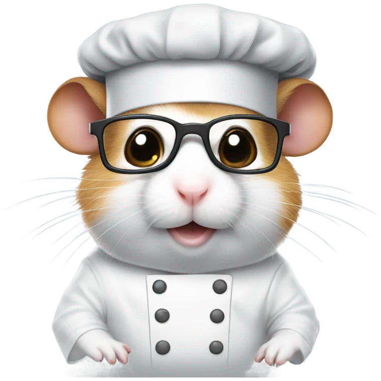 hamster wearing glasses and a grey cap and chef’s uniform emoji