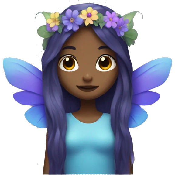 fairy with purple and blue wings, long hair, and flower crown emoji