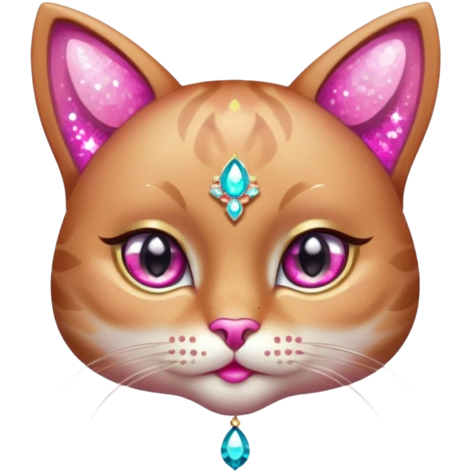 glamorous cat portrait, head and shoulders only, exaggerated pink makeup, bright eyeshadow, long eyelashes, shiny blush cheeks, sparkling face gems, glitter accents, elegant earrings, fantasy beauty style, cute 3D cartoon, mobile game icon style, clean background, no text, no watermark
 emoji