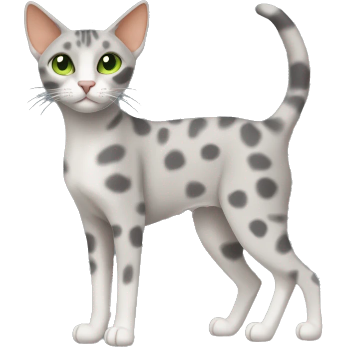 Short-haired oriental cat ,full body , grey coat with spots , green eyes , terracotta nuzzle emoji