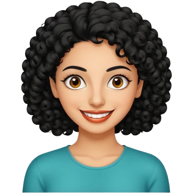 30 year old iranian woman very short curly black hair, big brown eyes, tanned skin, big smile, white teeth, pretty, stylish emoji