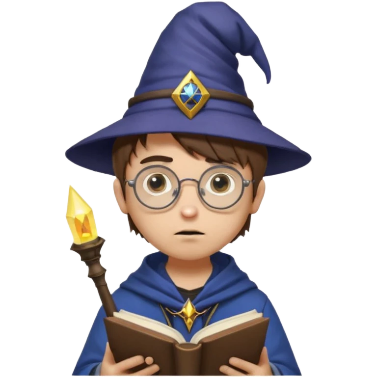 ["A sad boy with light skin, straight hair, wearing a wizard hat and round glasses, dressed in punk fashion, is reading a book while holding a phone."] emoji