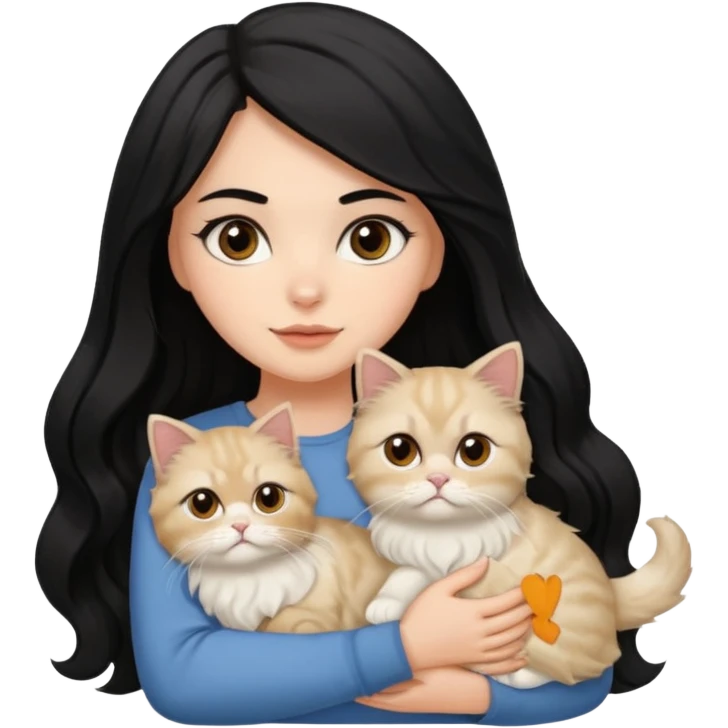 A white girl with brown eyes and black hair long downward wave is holding her blonde persian cat emoji