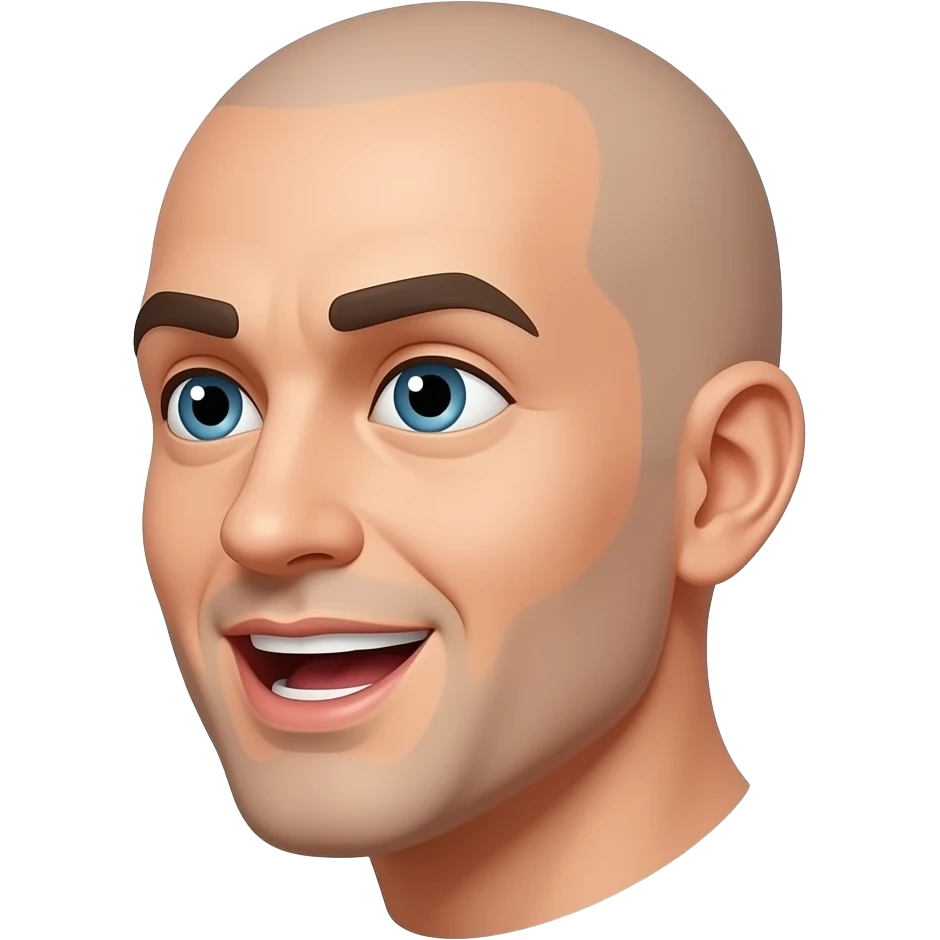 a bald man looking directly to the side, talking with an open mouth emoji