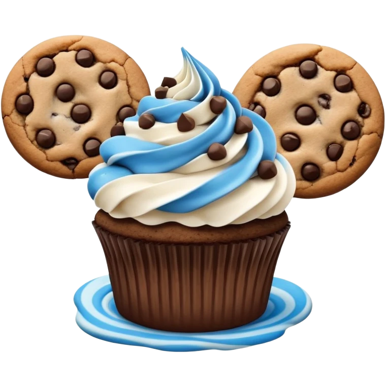 Chocolate cupcake with white and blue mixed frosting with a chocolate chip cookie on top  emoji