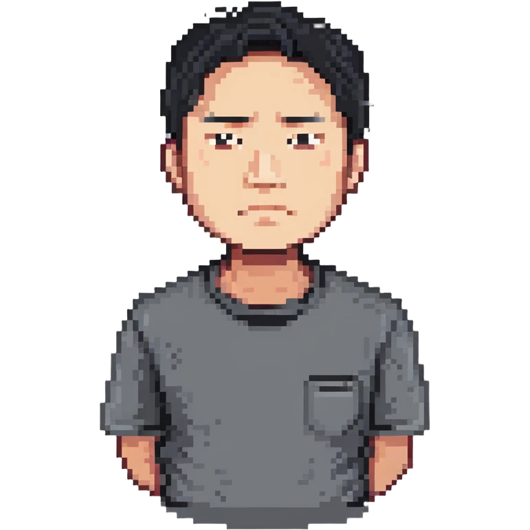 Asian man in a gray shirt with a frown emoji