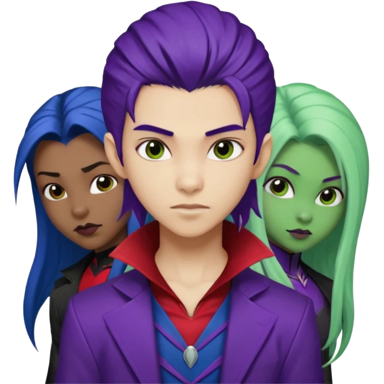 Solo poly platonic relationship, one African girl, one Asian boy, one biracial features Asian tomboy girl rat-tail hair long and upper masculine hair 90s, vampire and marvel cosplay elements inspired  use marvel race, like instead of obvious human, green purple blue etc,  emoji