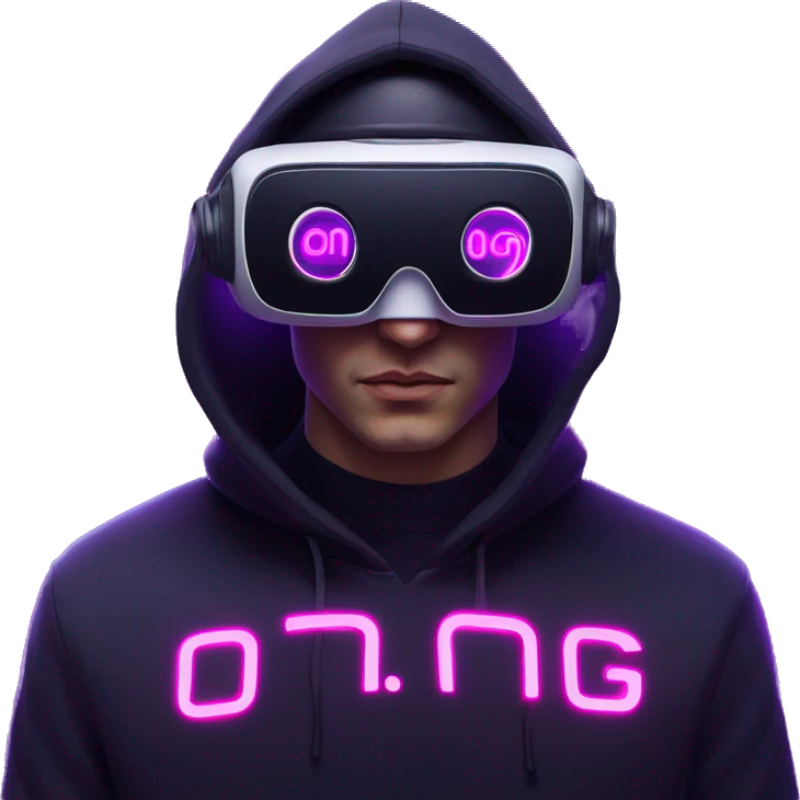 Russian man wearing a black hoodie with "OMG" letters on it and VR headset in a cyberpunk VR environment with violet neon lighting. emoji