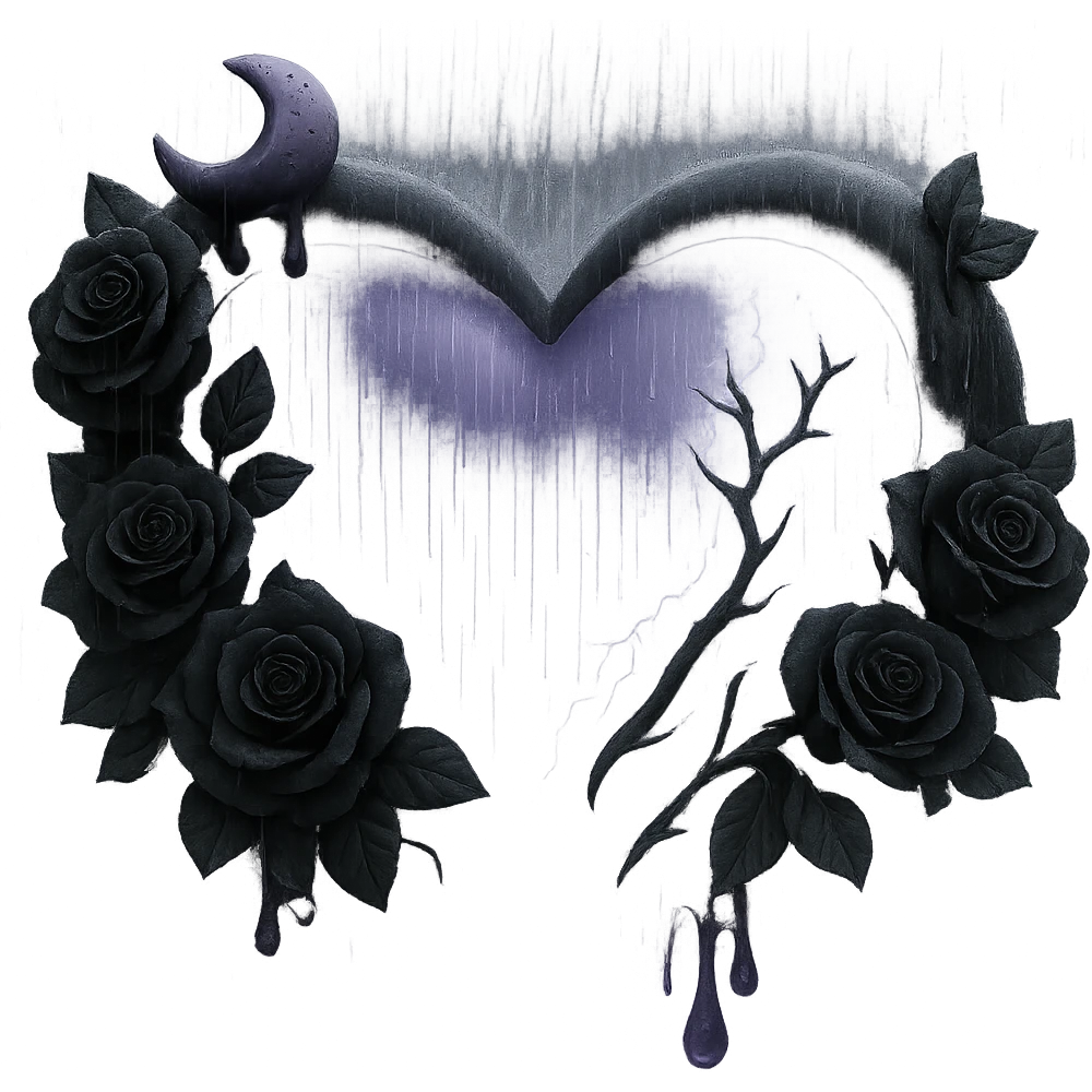 Add much more rain and thick mist to the scene, keeping the prominent black roses, gothic heart, translucent purple glass, crescent moon with black drips, faint lightning bolts, cracked glass with glowing mist. The style should resemble 3D emoji style. Remove the background. emoji