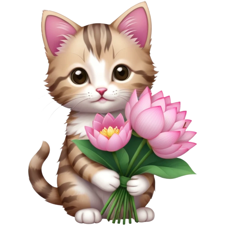 Kitten holding a bouquet of lotus flowers emoji