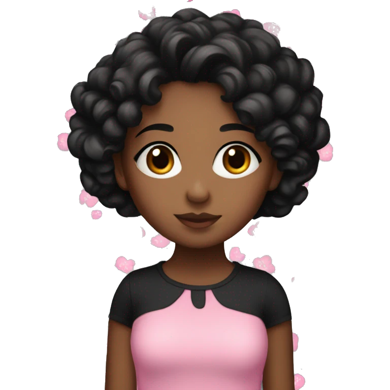 Girl with brown skin and black hair and black curly hair wearing a pink flower top emoji
