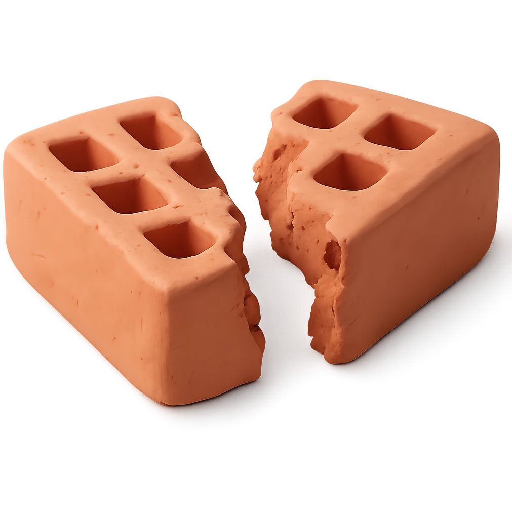 Make the clay brick broken in half with visible jagged edges, maintaining the claymation style, and remove the background. emoji