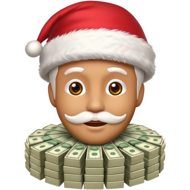 A confident rich emoji face wearing a Santa hat, money stacks, casino vibe, New Year theme, premium 3D emoji style, sharp details, no text, isolated on transparent background emoji