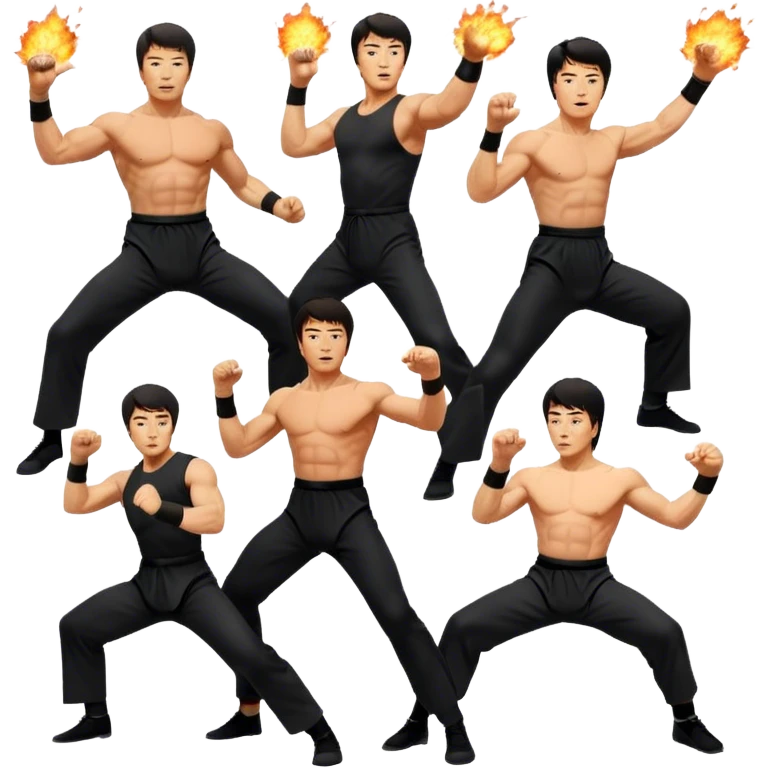 Icon for Action Movies: Collage of Arnold Schwarzenegger, Sylvester Stallone, Bruce Lee and Jackie Chan in iconic action poses, surrounded by explosions, weapons, and martial arts moves. The design should capture the high-energy, dynamic nature of their films. Transparent background. emoji