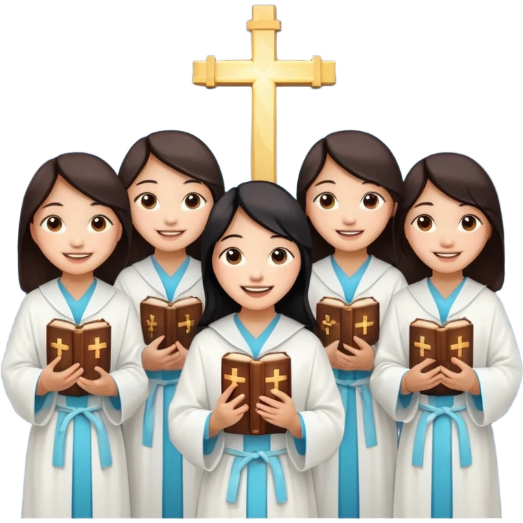 eight asian girls holding bibles and crosses and laughing to each other emoji