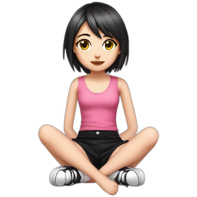 full body Front view emo girl sits on the floor black skirt pink knickers emoji
