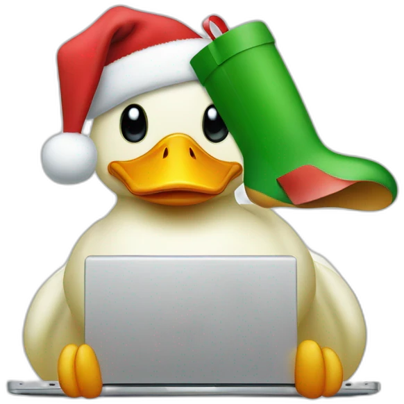 a duck behind a laptop wearing a christmas hat emoji