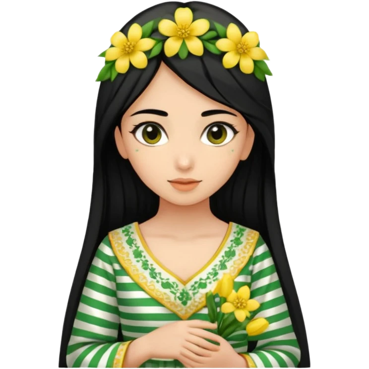 A picture of a black-haired girl in a beautiful green Arabic dress with green dotted stripes and beautiful yellow flowers scattered and a white-faced girl emoji