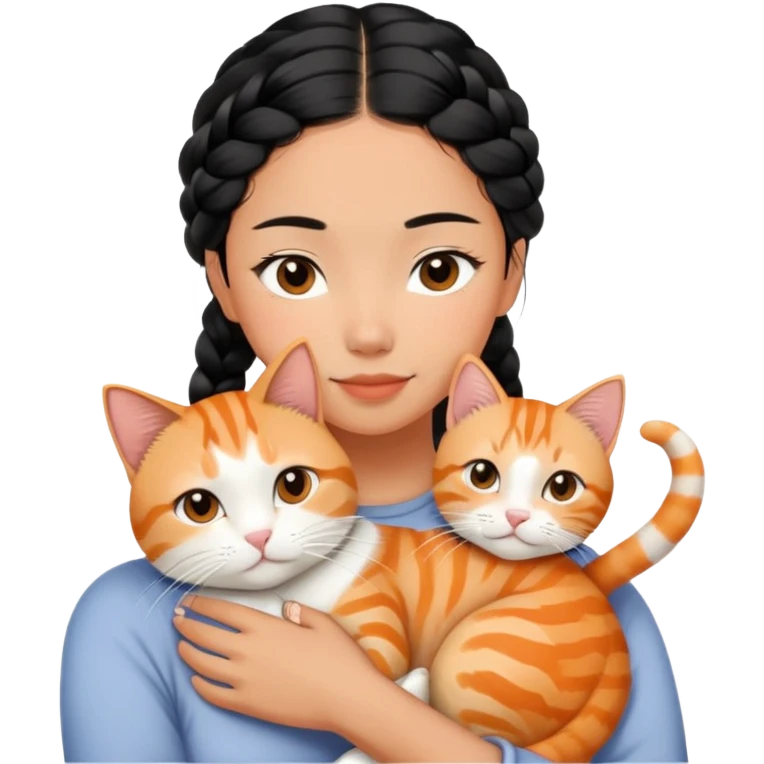 Young Asian woman with braided black hair cuddling a white and orange tabby cat, gentle embrace, affectionate pose emoji