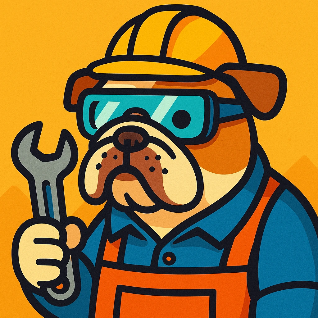 English Bulldog as a mechanical engineer, with safety glasses and a wrench, playful style emoji