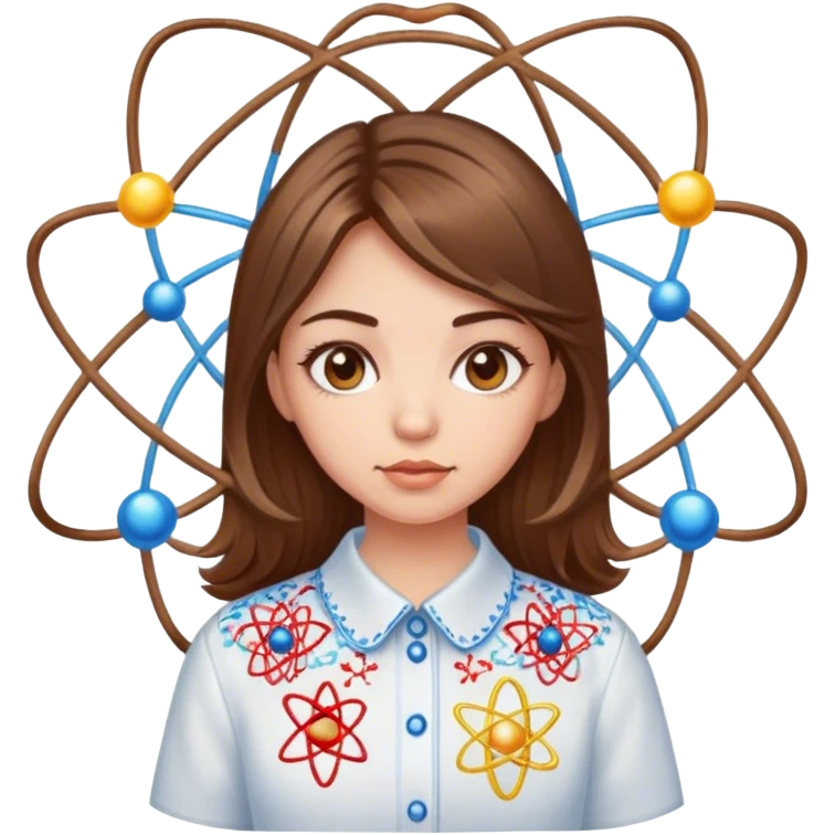 a Ukrainian girl with brown hair in an embroidered shirt and an atom emoji
