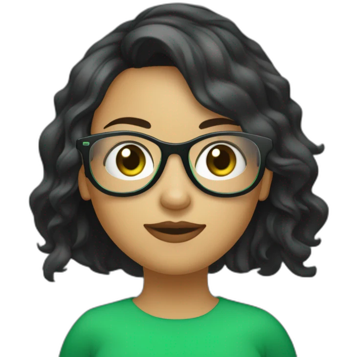 une fille cheveux noir avec des lunette (en forme de carrer un peu déformé) assez grosse comparer a ca tete yeux vert emoji