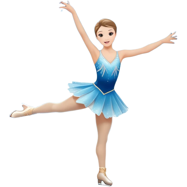 An icon showing a graceful figure skater mid-spin on a sparkling ice rink, wearing an elegant costume. The background features festive arena lights, snowflakes, and cheering spectators. Transparent background captures the beauty, artistry, and elegance of figure skating. emoji