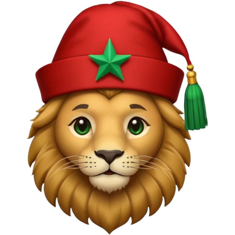 Cute lion emoji face wearing a red Moroccan fez with a green star on the front and a black tassel on the right side. Solid dark-blue background. emoji
