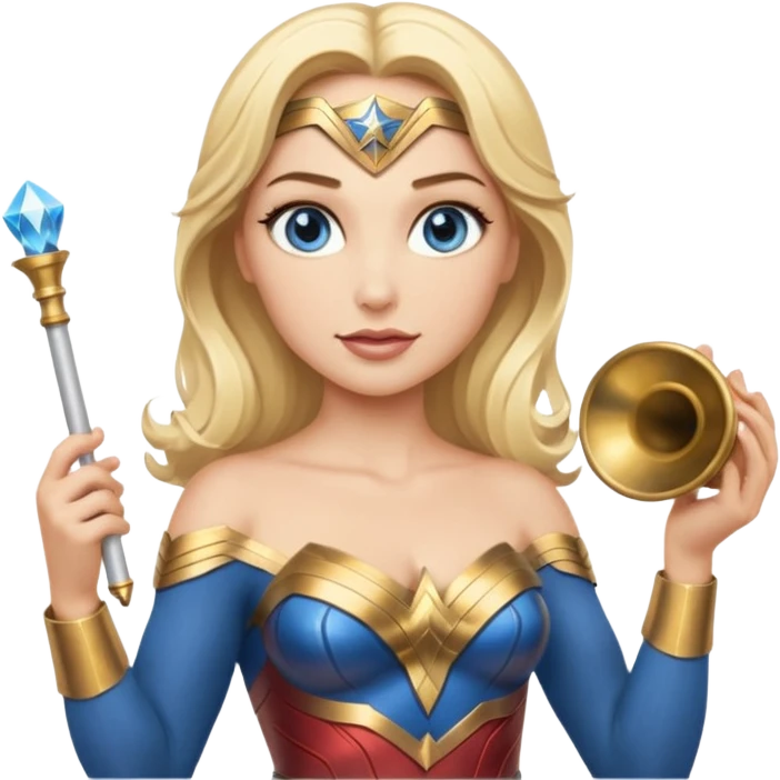 Blonde blue eyed Wonder Woman holding white orchestra conductor’s baton and bell emoji