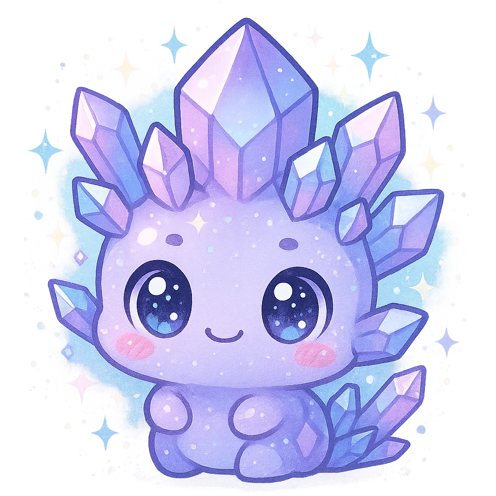 kawaii chibi style crystal sprite creature, purple, blue, and pink, cute and magical, sparkling eyes, adorable face, magical aura, pastel colors, big eyes, shiny crystals emoji