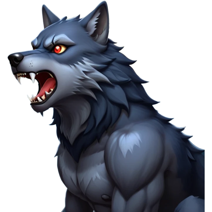 cinematic-noble-fierce-werewolf-howling-portrait-emoji, poised-and-imposing, with a fierce wolfish face tilted upwards in a haunting howl, glowing eyes full of primal ferocity, sharp, and a rugged snout, fur rippling in shades of midnight black and silver, muscles tensed as the powerful howl echoes beneath the moonlit sky; rendered with realism, capturing the raw, untamed power of the beast in its wild, primal state emoji