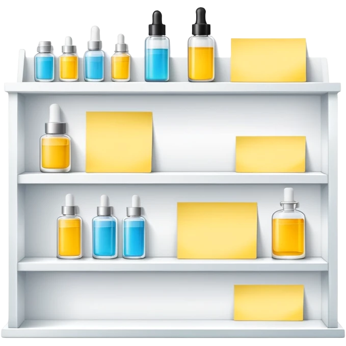 big long white shelf with luxury brand serum and big sticky note emoji