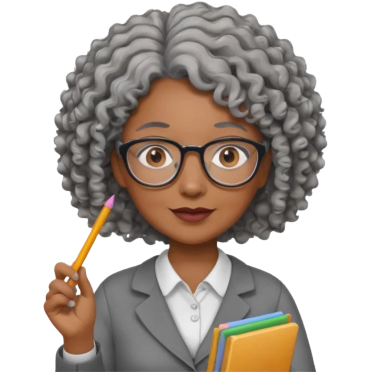 woman teacher, brown skin, curly grey hair, old, wearing glasses, hold chalk on hand emoji