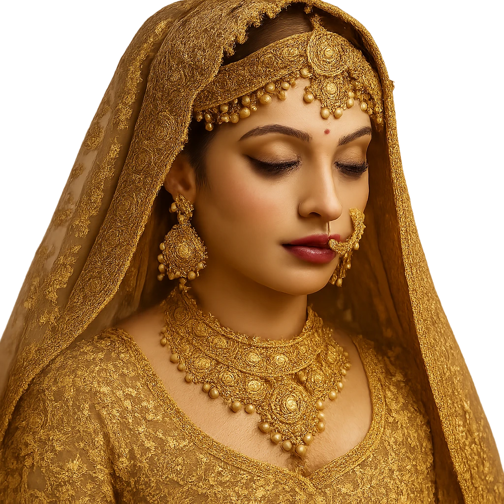 gold imama, traditional South Asian bridal style, heavy and elaborate, realistic style emoji