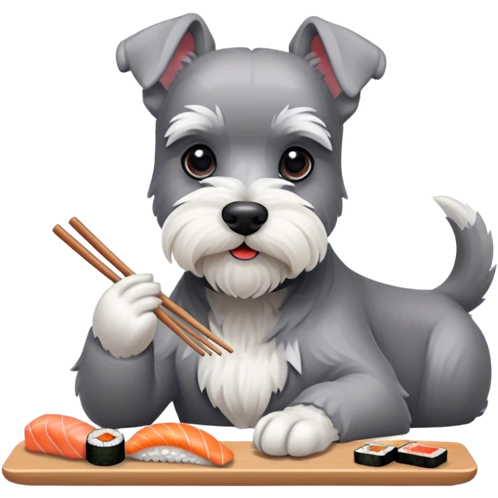 White miniature ￼ schnauzer, eating sushi emoji