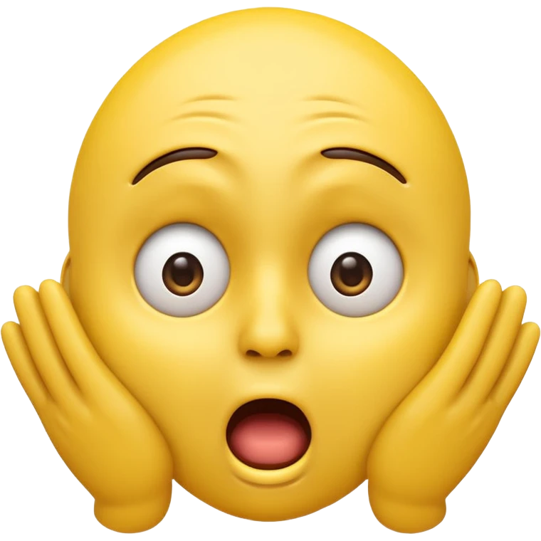 A 3D glossy yellow emoji of a shocked horrified face, with mouth and eyes are wide open, eyebrows  raised, and hands against their cheeks, face has no nose, black background, high quality, soft studio lighting emoji