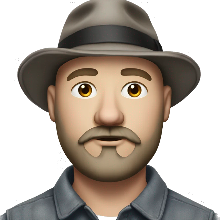 Photorealism A plump bald man of Slavic appearance with a goatee beard and mustache, wearing a fedora hat, big details emoji