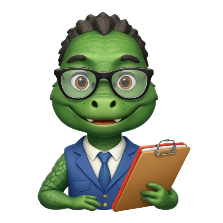 A 1960s style image of a gator with a clipboard and a pencil emoji