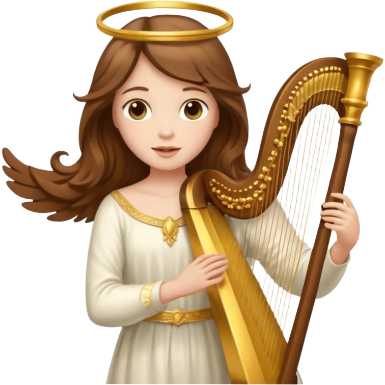 Female angel holding harp with flowing brown hair emoji