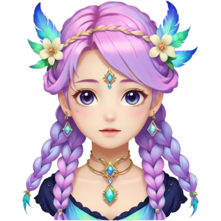 Beautiful gorgeous anime lady with beautiful iridescent-nebula-braided-hair, fashion aesthetic, ethereal, fairycore, pastelcore, feathers, flowers, gems, accessories, jewelries, gold, colorful emoji