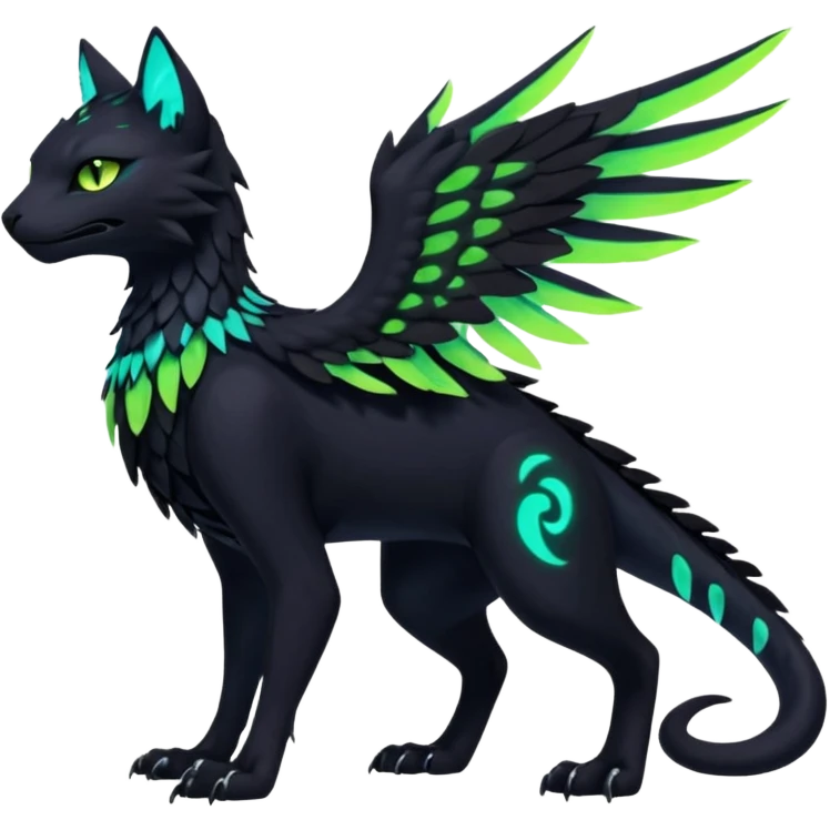 Black Dark Exotic Beaked Feathery Nocturnal Neon-glowing Abyssal Nightly Abyss-Cat-Gryphon-Salandit-Nargacuga-Silvally-Fakémon Creature (full body) emoji