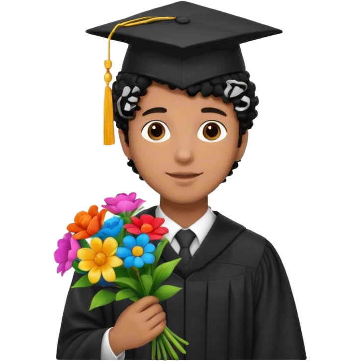 Graduated Students, Male,  brown skin, black curly hair, wearing graduation cap, holding bouquet of flowers
 emoji