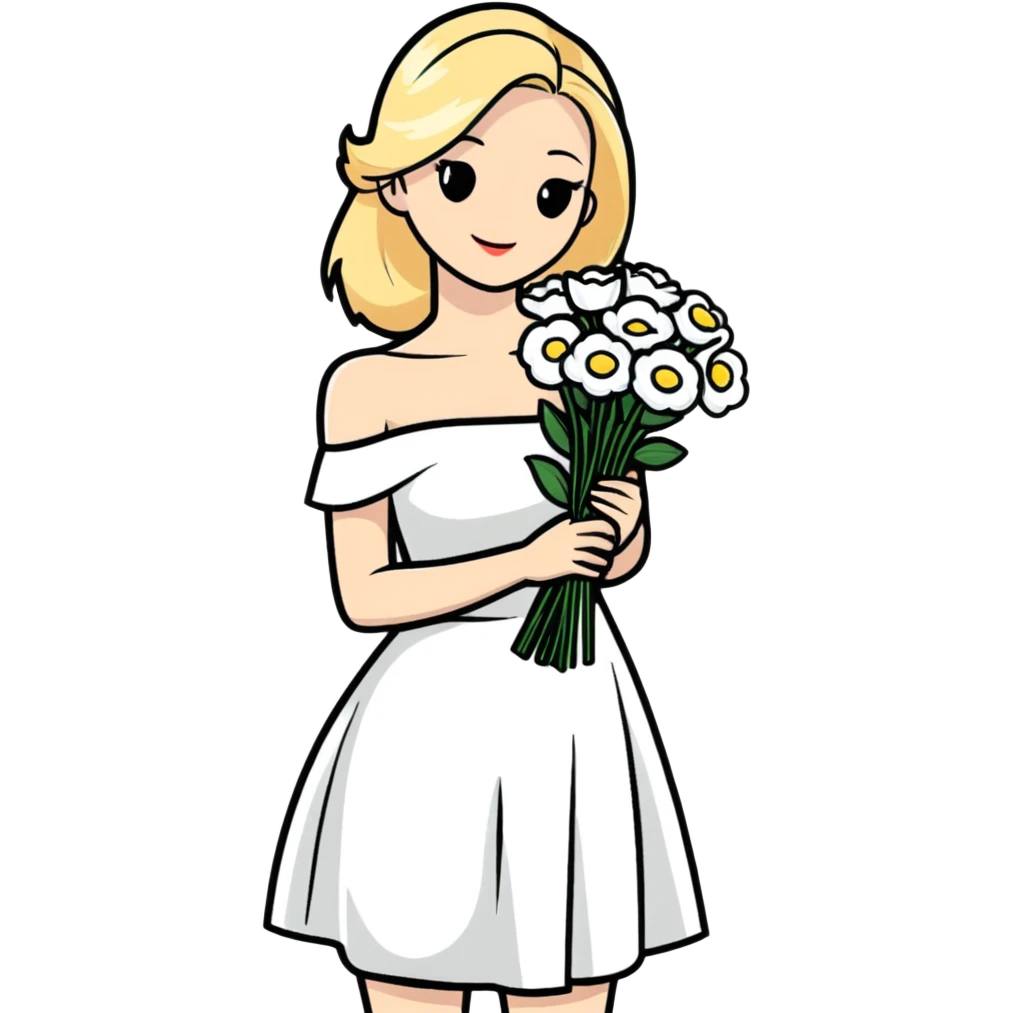 blonde woman in a white off-shoulder dress with a bouquet of white flowers emoji